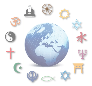 Faded globe with religious symbols
