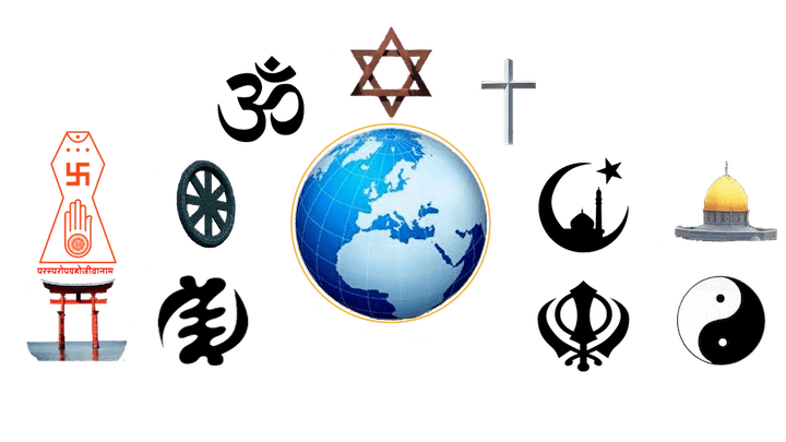 Globe surrounded by religious symbols